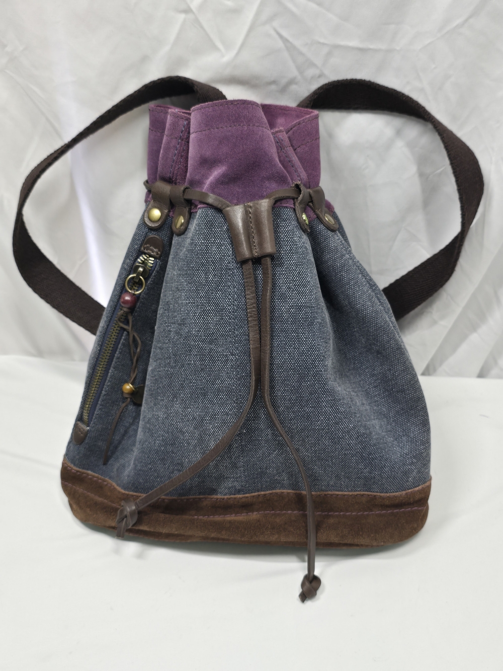Lucky Brand Canvas & Suede Drawstring Backpack Purple Denim Boho Rucksack Bag